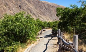 Summer travel scene: The paved path runs for miles through open fields, riverside sections, and mountai